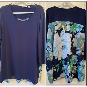 Susan Graver Size XL Liquid Knit Tunic Navy Blue Front Floral Back 3/4 Sleeve